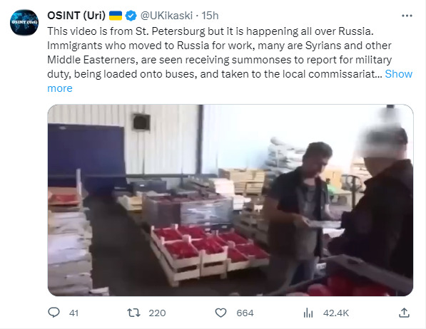 Syrians and others who have moved to Russia for work are seen receiving summonses to report for military duty, being loaded onto buses, and takes to the local commissariates.