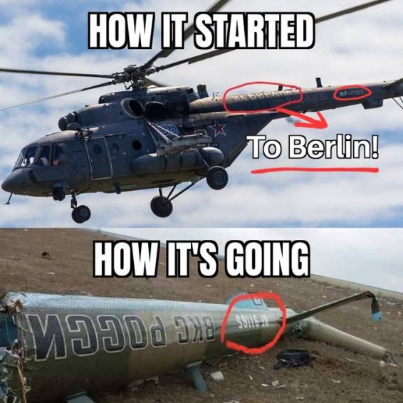 How it started: Helicopter with 'To Berlin' written on it. How it's going: same helicopter broken in several pieces.