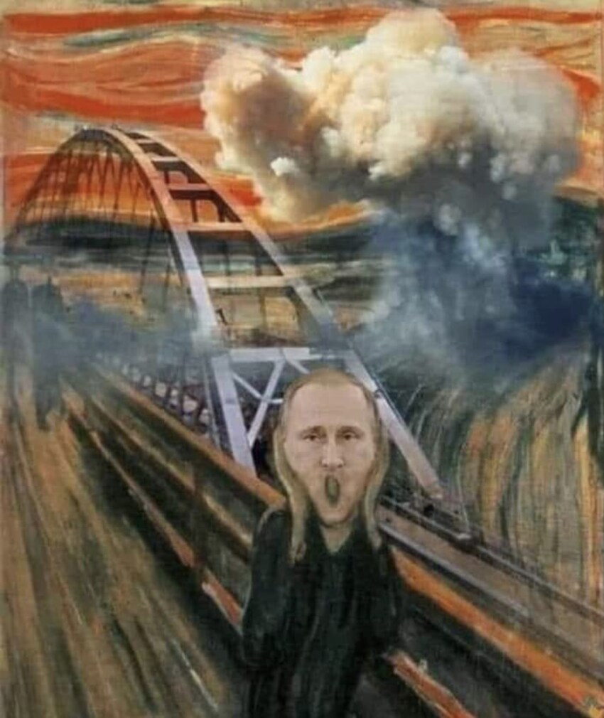 'The Scream' but the bridge is the Kerch bridge, and the screaming figure is Putin.