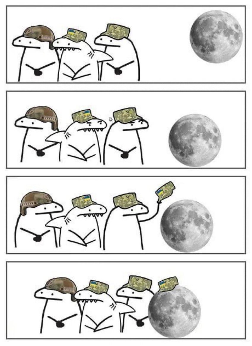 Flork of Cows characters give a hat to the Moon (the Russian probe Luna-25 crashed into it recently.)