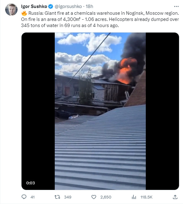 Giant fire at a chemical warehouse in Noginsk, Moscow region.