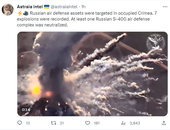 Russian air defense assets were targeted in occupied Crimea. 7 explosions were recorded. At least one Russian S-400 air defense complex was neutralized.