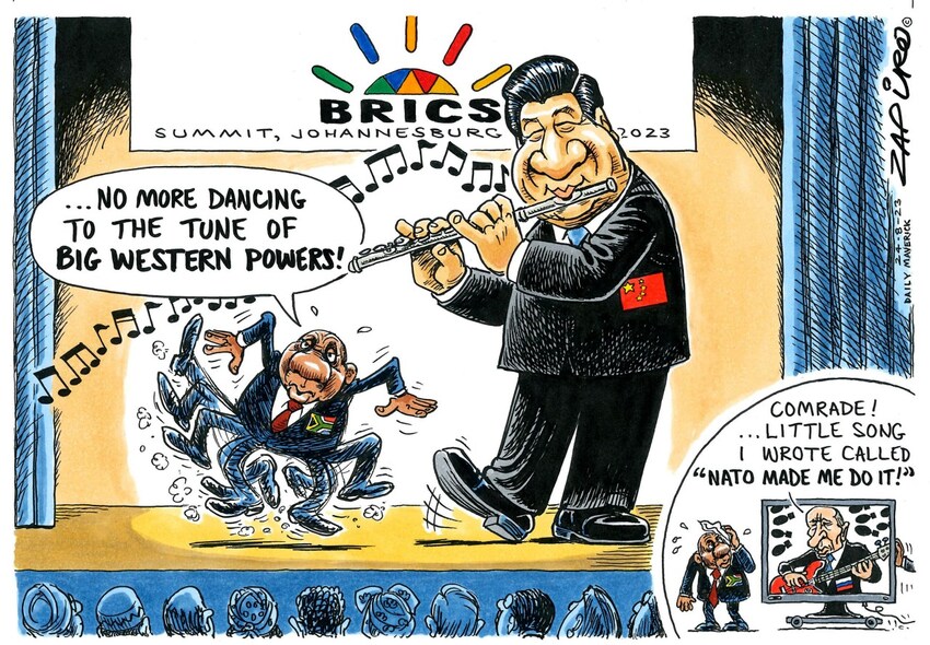 South African president at BRICS says 'No more dancing to the tune of big Western powers!' while dancing to the tune of Xi Jinping.