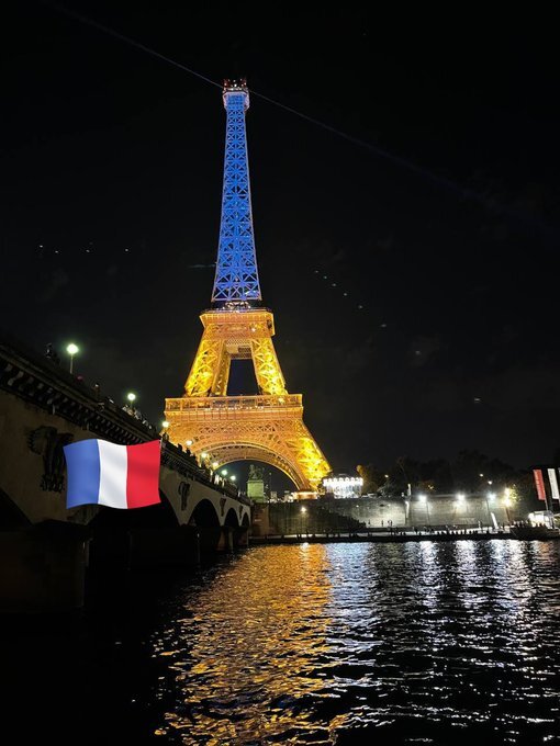 Eiffel Tower in Ukrainian colors on Ukrainian Independence Day.