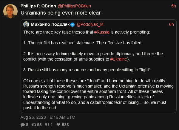 Three false theses that Russia is actively promoting: 1. Conflict has reached stalemate. 2. It is necessary to move to diplomacy and freeze the conflict. 3. Russia still has many resources and many people willing to 'fight'. All these indicate one thing: Growing panic among Russian elites, lack of understanding what to do, and catastrophic fear of losing.