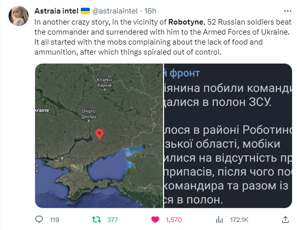 In the vicinity of Robotyne, 52 Russian soldiers beat the commander and surrendered with him to the Armed Forces of Ukraine. It all started with the mobs complaining about the lack of food and ammunition, after which things spiraled out of control.