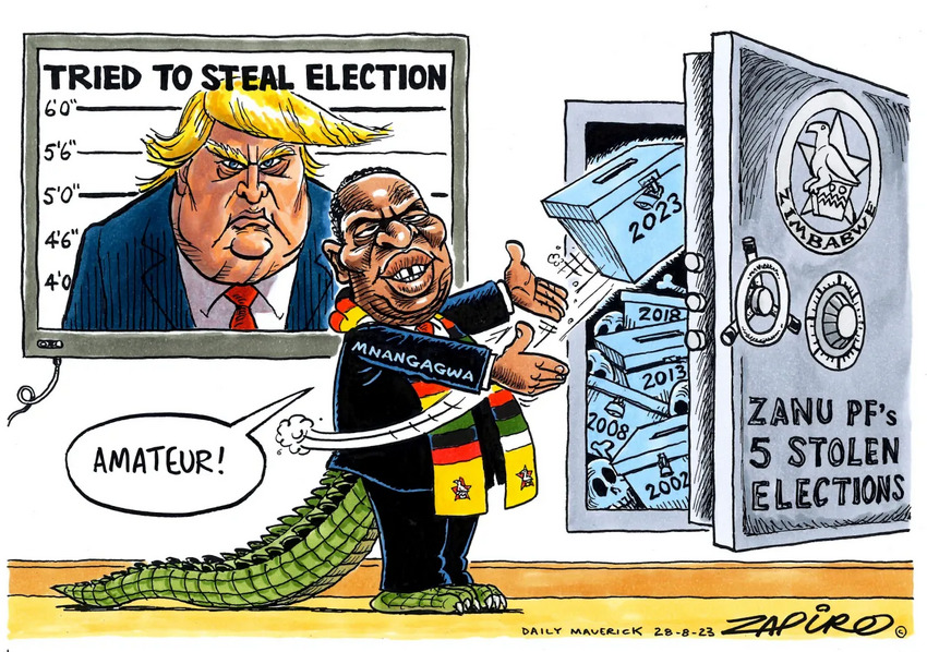 Political cartoon, Trump tried to steal an election, Zimbabwean PM Pnangagwa has stolen 5, and calls Trump an amateur.