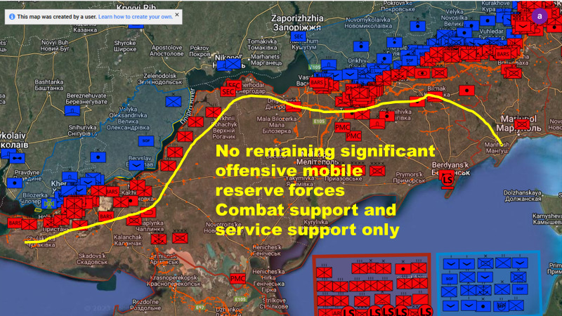 Map by secretsqrl123 shows close approximation of combat lines now, says that large portions of Russian occupied territory in the south has no remaining significant offensive mobile reserve forces, support only.