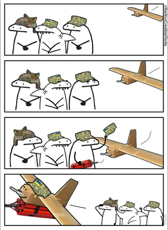 Flork of Cows characters see a cardboard drone, put a hat on it, give it some dynamite, and salute.