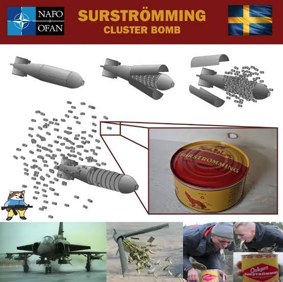 Photo showing a Surstromming cluster bomb, which releases hundreds of individual cans of surstromming on helpless civilians, causing them to barf.