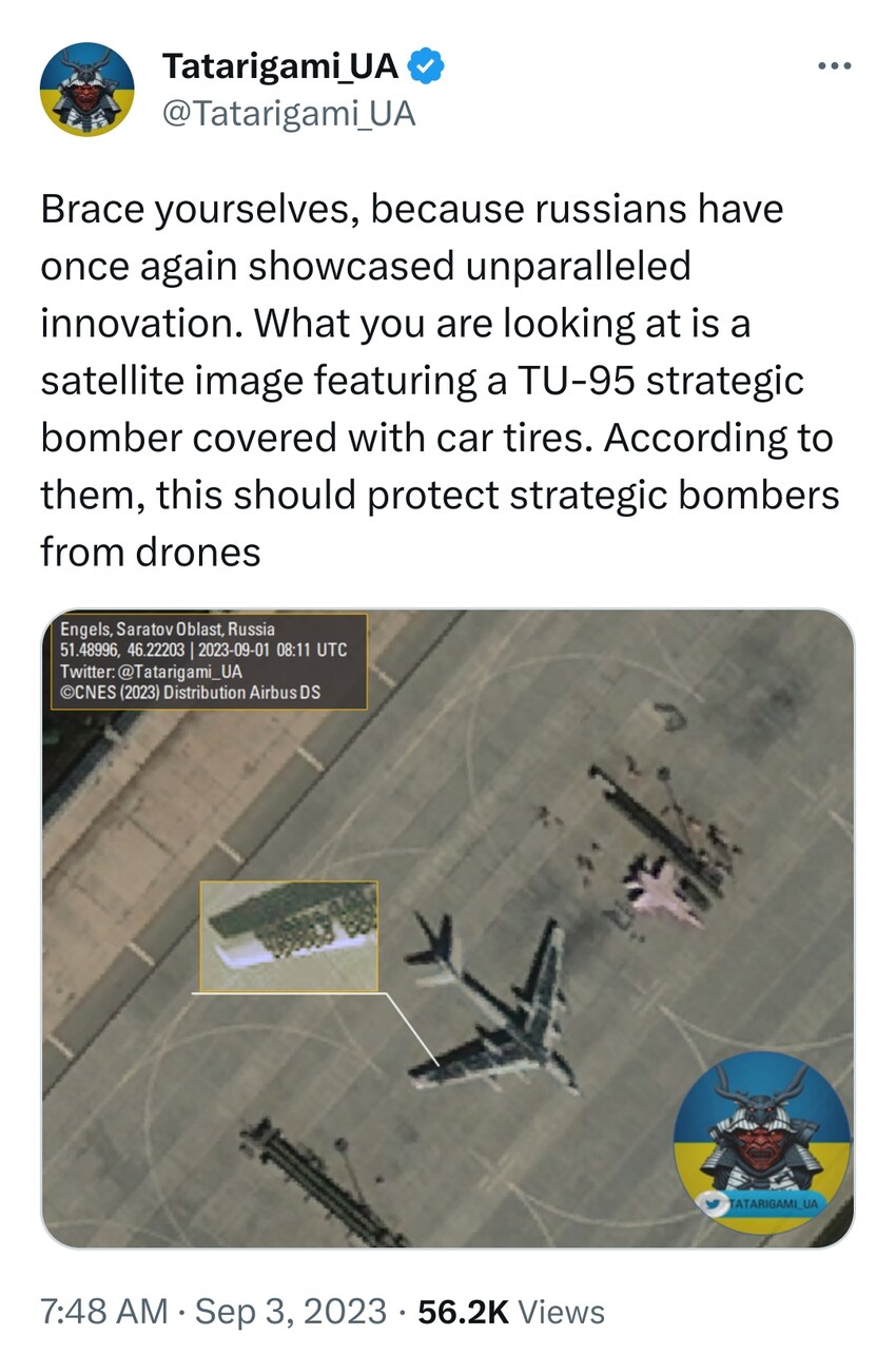 Russia is attempting to camouflage Tu-95 bombers with car tires.