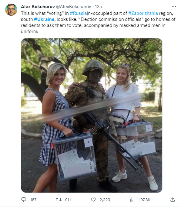 This is what voting in Russian-occupied part of Zaporizhzhia region looks like. 'Election commission officials' go to homes of residents to ask them to vote, accompanied by masked armed men in uniform.