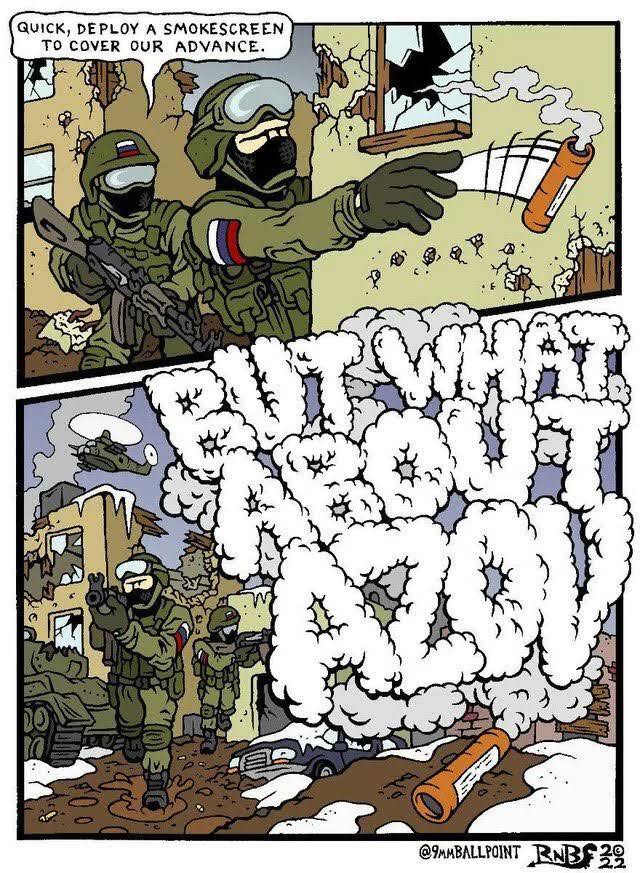 Cartoon, Russian soldiers say, 'Deploy a smokescreen to cover our advance!' and the smoke grenade spells out 'But what about Azov?'