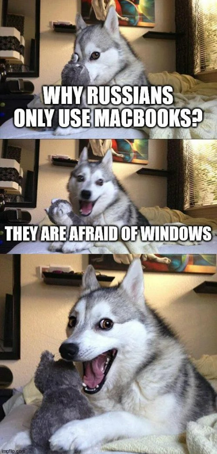 Why do Russians only use Macbooks? They are afraid of windows. (dog laughing)