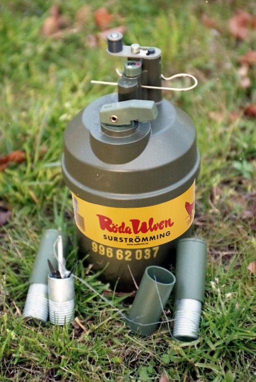 Gas canister with 'Surstromming' on it.