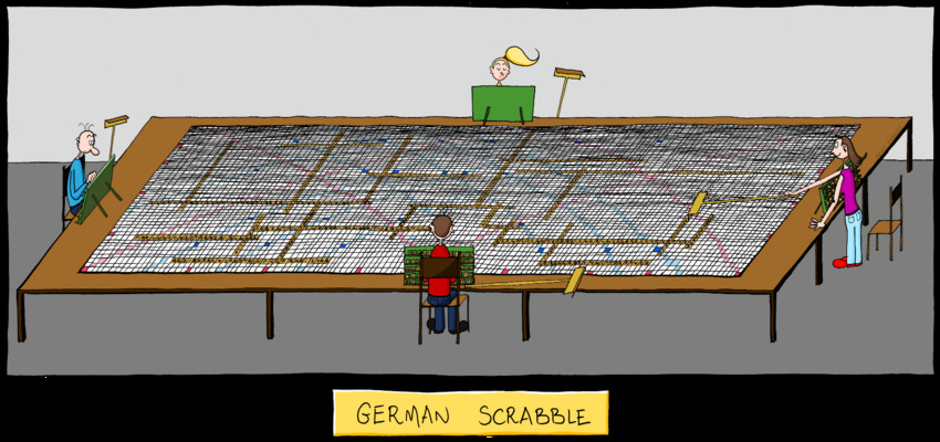 German Scrabble, a cartoon of people around an enormous Scrabble board.