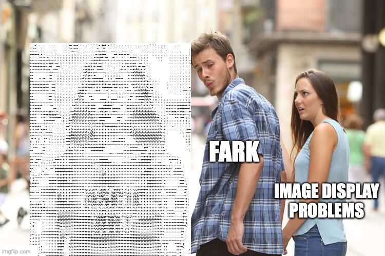 Distracted boyfriend looks at ASCII art (woman in red replaced with ASCII) instead of image display problems.