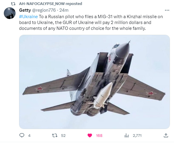 To a Russian pilot who flies a MiG-31 with a Kinzhal missile on board to Ukraine, the GUR of Ukraine will pay 2 million dollars and documents of any NATO country of choice for the whole family.