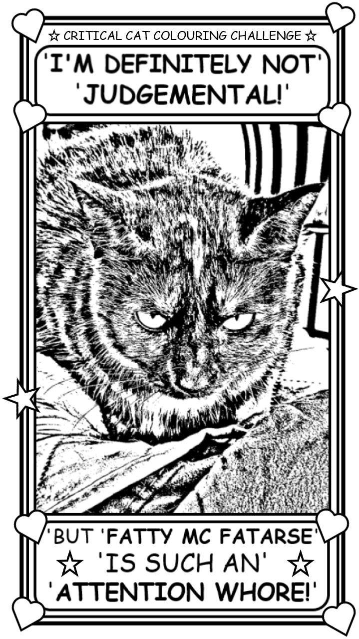 Coloring book page where tortoiseshell cat Lucy glares at you and says 'I'm definitely not judgemental.'