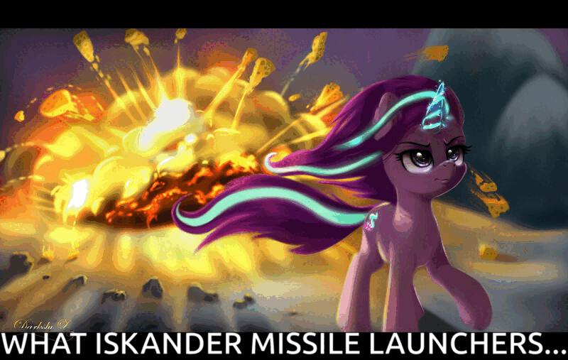 Pony walks away from explosion, saying, 'What Iskander missile launchers?'