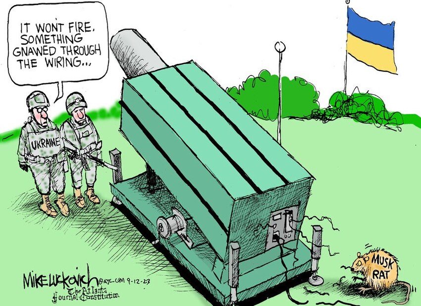 Political cartoon, Ukraine says, 'It won't fire, something gnawed through the wiring.' Right side shows a Musk Rat chewing on wires.