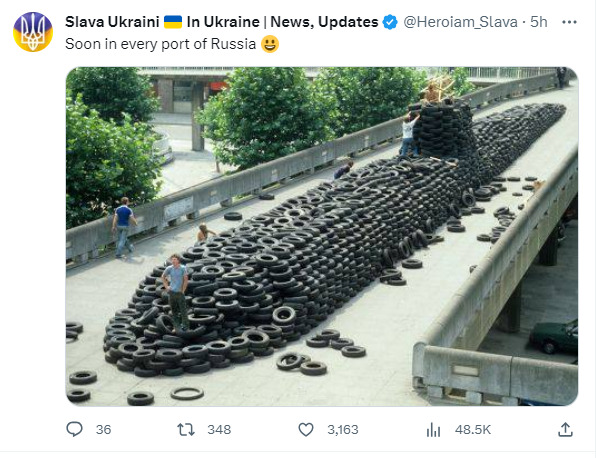 Picture of a sub made out of tires.