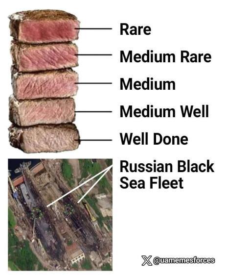 Steaks cooked to rare, medium rare, medium, medium well, well done, and the Russian Black Sea fleet.