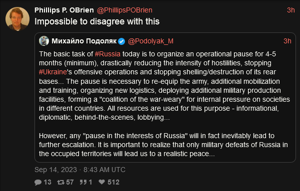 Philips P. O'Brien agrees with Mikhailo Podolyak, any pause in the interests of Russia will in fact inevitably lead to further escalation. Only military defeats of Russia in the occupied territories will lead us to a realistic peace.