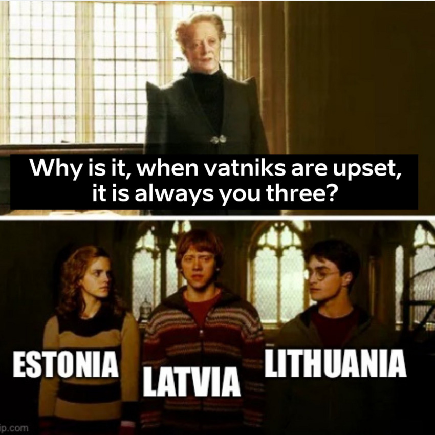 Why is it, when vatniks are upset, it is always you three? (Hermione, Ron, and Harry as Estonia, Latvia, and Lithuania)