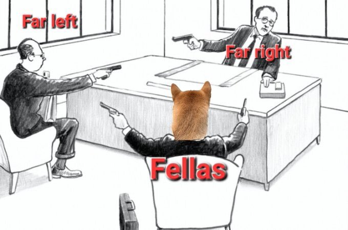 Far Right and Far Left in a Mexican standoff, Fellas are holding guns on both.