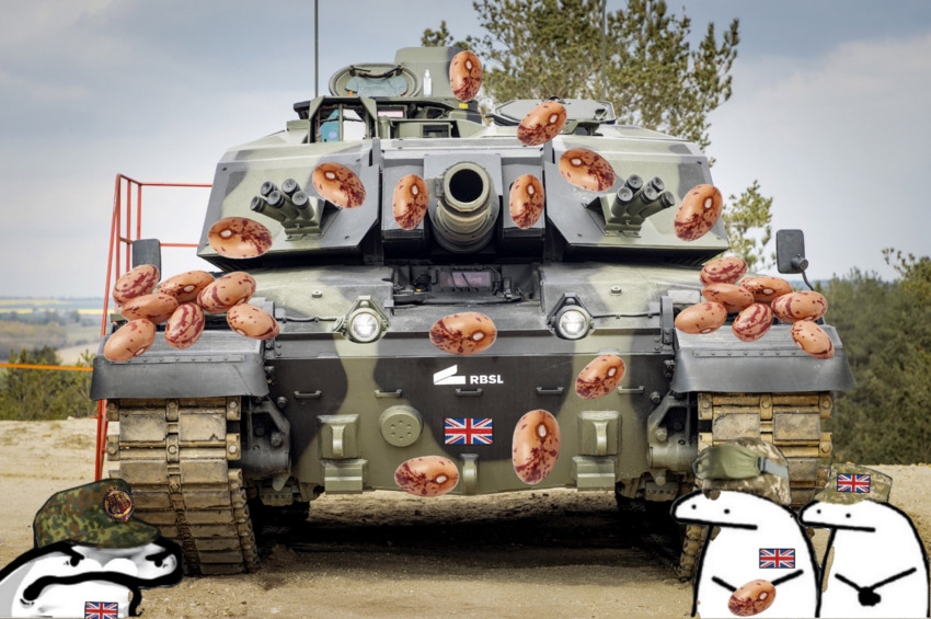 Flork of Cows characters have covered a British tank in potatoes.
