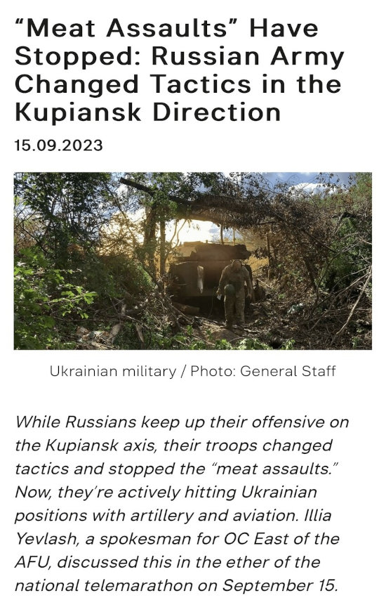First page of article saying that the Russians have stopped doing 'Meat Assaults'.