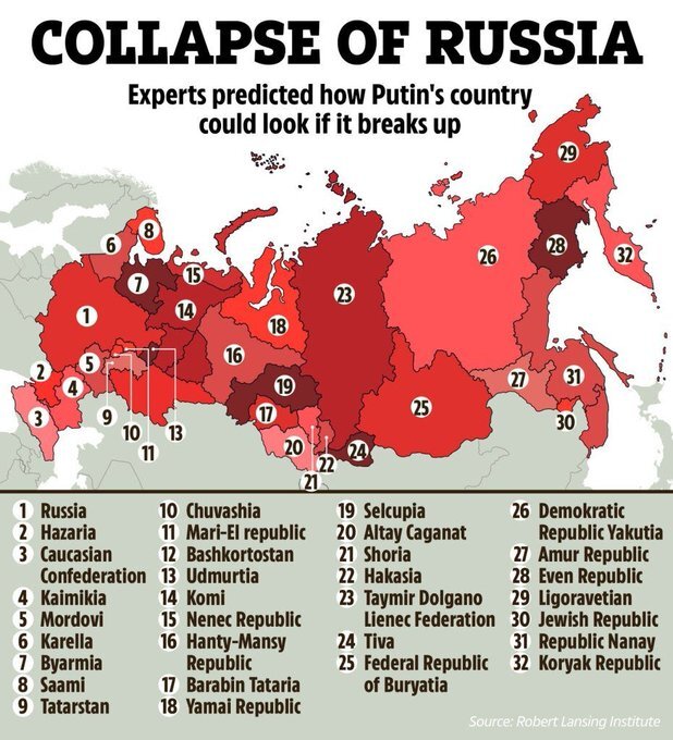 How Russia might look if it breaks up: about 32 new countries, mostly based on how the SSRs were set up under the pre-Yeltsin USSR.