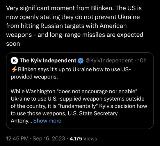 US is openly stating they do not prevent Ukraine from hitting Russian targets with American weapons, long-range missiles are expected soon.
