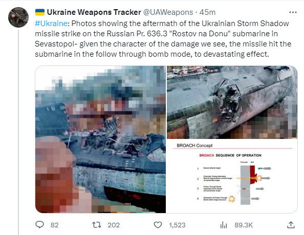 Photos showing the aftermath of the Ukrainian Storm Shadow missile strike on the Russian Pr. 636.3 Rostov na Donu submarine in Sevastopol.