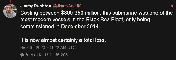 Costing between $300-350 million, this submarine was one of the most modern vessels in the Black Sea fleet, only being commissioned in Dec. 2014. It is now almost certainly a total loss.