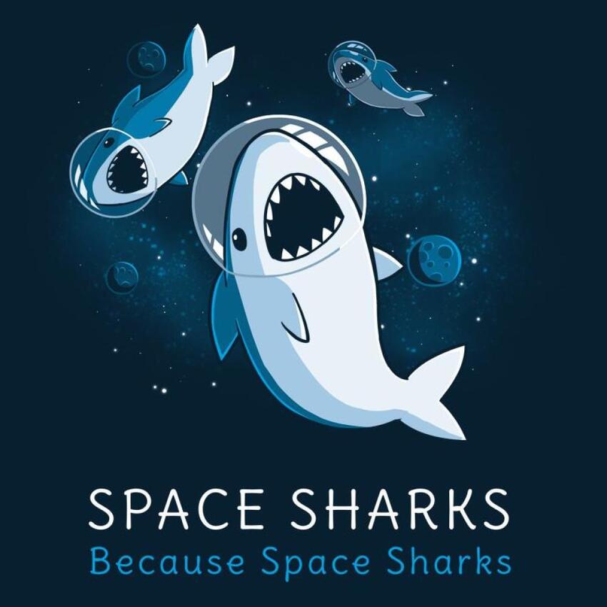 Sharks in space with helmets, captioned 'Space Sharks'