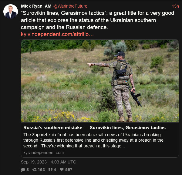 Surovikin lines, Gerasimov tactics: great title for a very good article that explores the status of the Ukrainian southern campaign and the Russian defense.