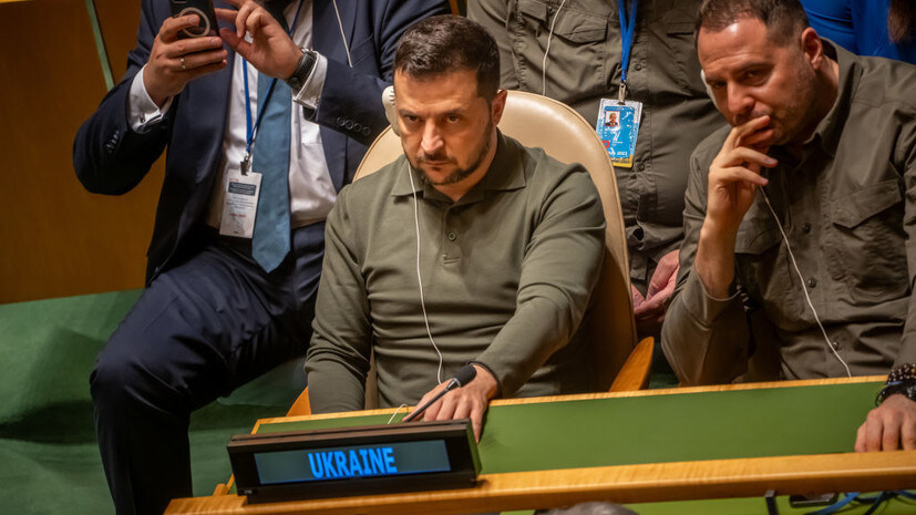 Photo of Zelenskyy at the UN, looking intense.