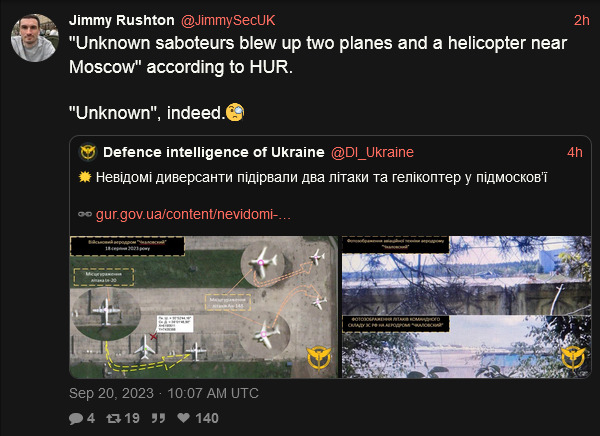 Unknown saboteurs blew up two planes and a helicopter near Moscow according to HUR.