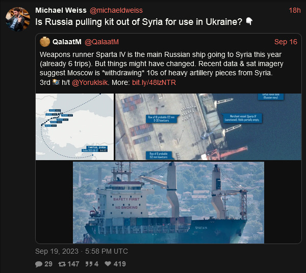 Michael Weiss: Is Russia pulling artillery out of Syria for use in Ukraine? (Sparta IV traveling between Russia and Syria.)
