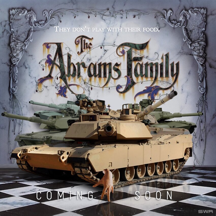 Abrams tanks on a black checkered floor, similar to the movie poster for 'The Adams Family', captioned 'The Abrams Family'.