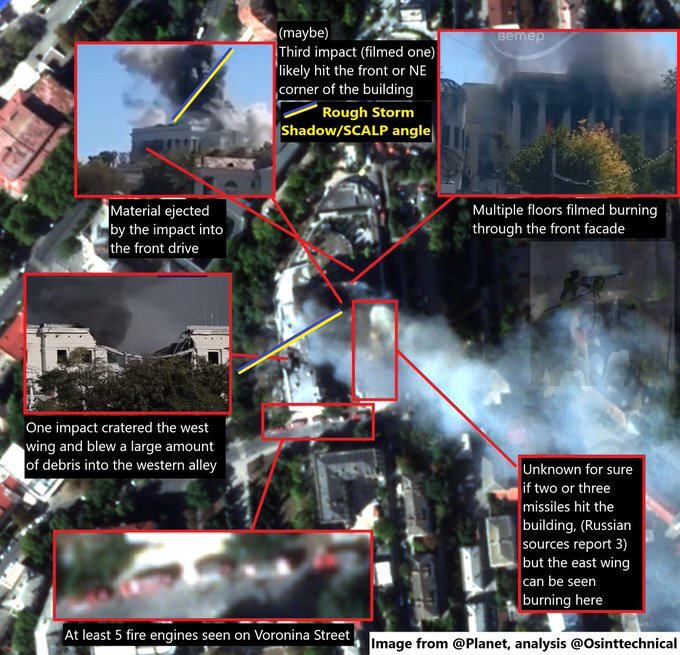 Satellite photo of Russian Black Sea naval HQ taken after Storm Shadow attack, with analyses of damage all around it.