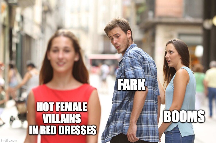 Distracted boyfriend looks at hot female villains in red dresses instead of booms.