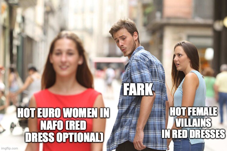 distracted boyfriend looks at hot Euro women in NAFO (red dress optional) instead of hot female villains in red dresses.