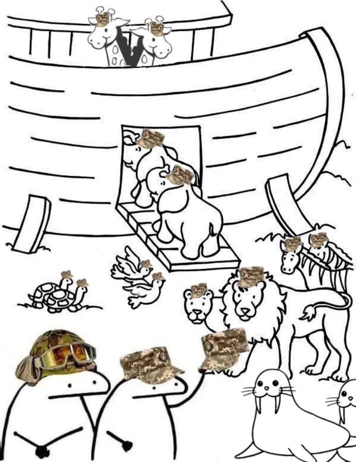 Flork of Cows characters put hats on animals who are arriving at Noah's Ark.
