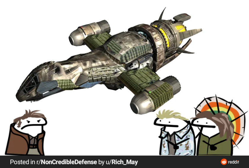 Malcolm, Zoe, and Wash from 'Firefly' as Flork of Cows characters look at a Serenity that has ERA bricks attached to it.