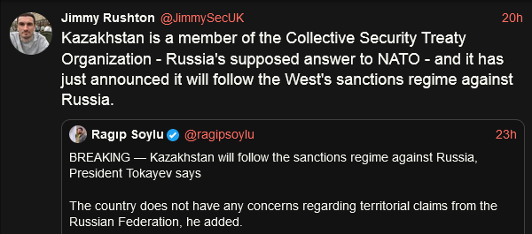 Kazakhstan has just announced it will follow the West's sanctions regime against Russia.