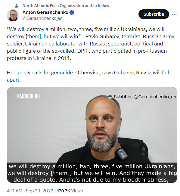 Pavlo Gubarev says, 'We will destroy a million, 2, 3, 5 million Ukrainians.' He openly calls for genocide. Otherwise, says Gubarev, Russia will fall apart.