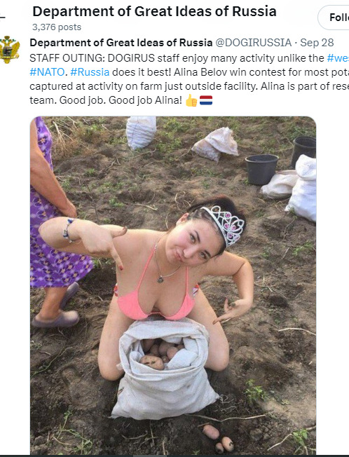 Department of Great Ideas of Russia holds contest for most potato captured, Alina Belov won.